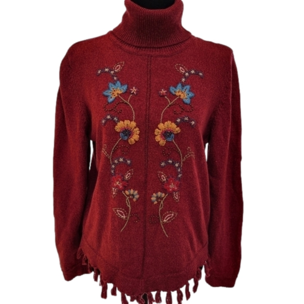 Alfred Dunner Embroidered/Beaded Turtleneck Sweater with Tassle Trim Size LP EUC